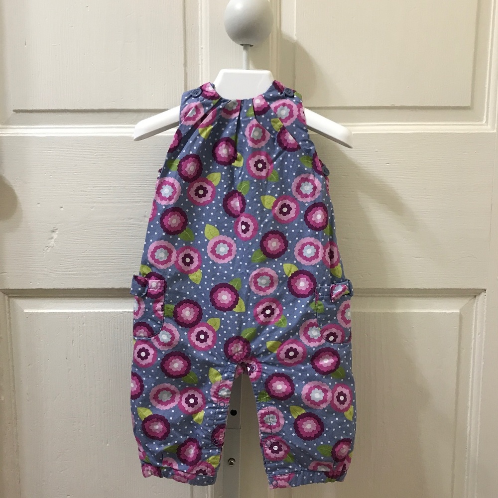 Gymboree Blue Polka-dot with Pink Flower Overalls